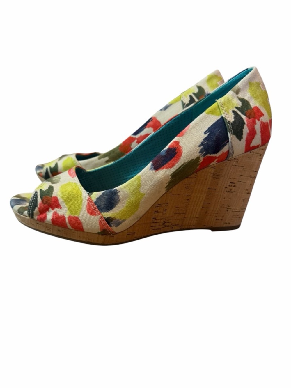 Bohemian Cottagecore Floral TOMS Cork Wedge Peep Toe Heels Size 9 - Picture 2 of 9